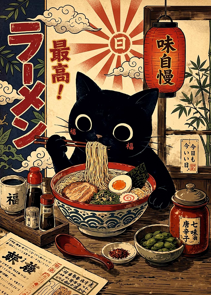Cute Black Cat Eating Ramen Poster