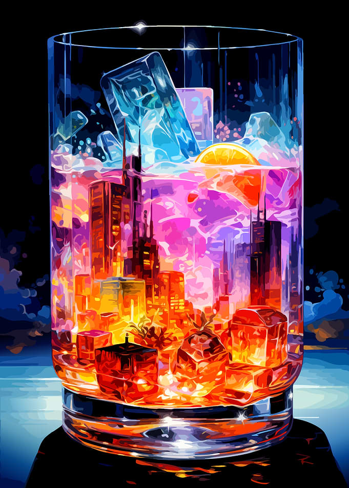 Cityscape inside a cocktail glass