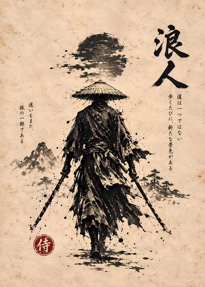 Mysterious lone wandering samurai/ronin seen from behind, wearing a wide traditional kasa hat