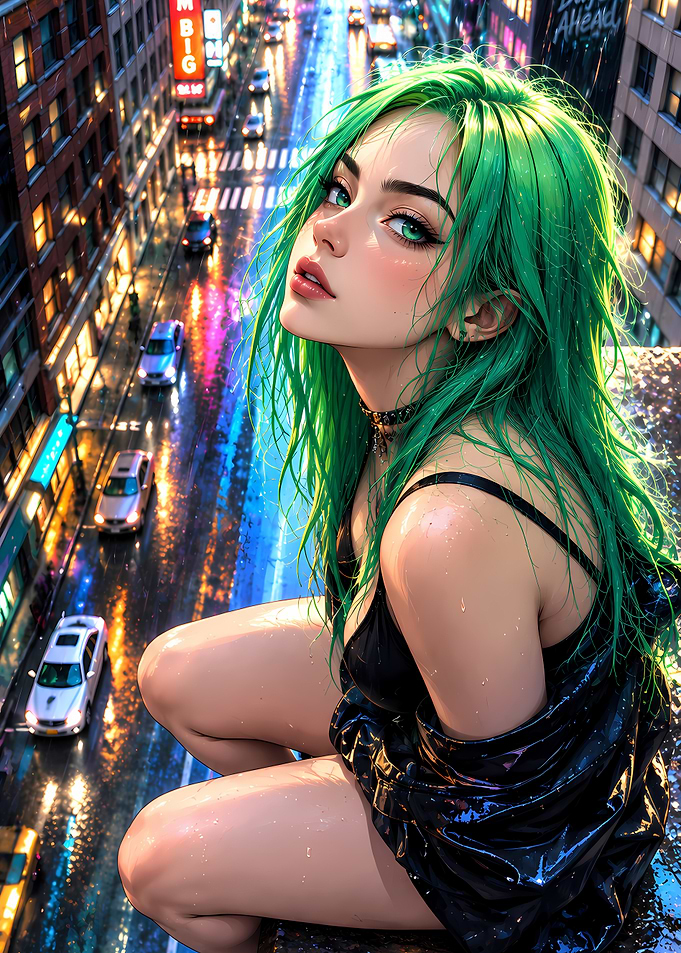 Green-Haired Girl on City Rooftop