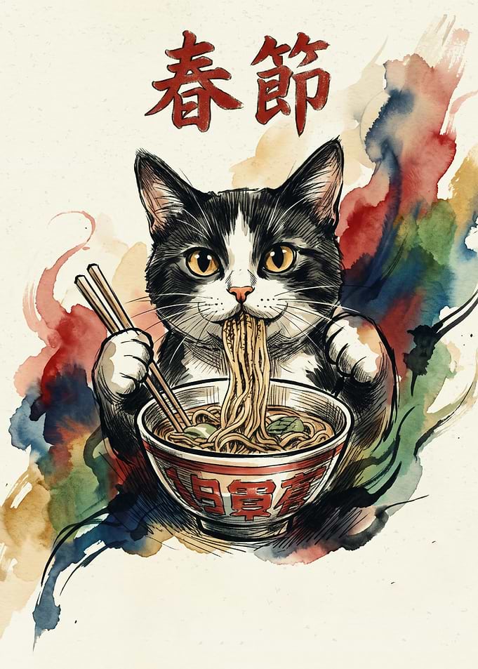 Cat Eating Ramen Noodles Cute Japanese Watercolor Art Print Asian Food Poster Design