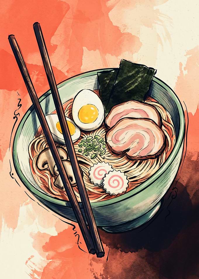 Ramen Bowl Japanese Food Watercolor Art Noodles Chashu Egg Nori Print Poster