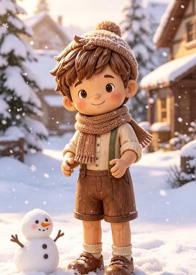 Cute Boy with Snowman in Winter