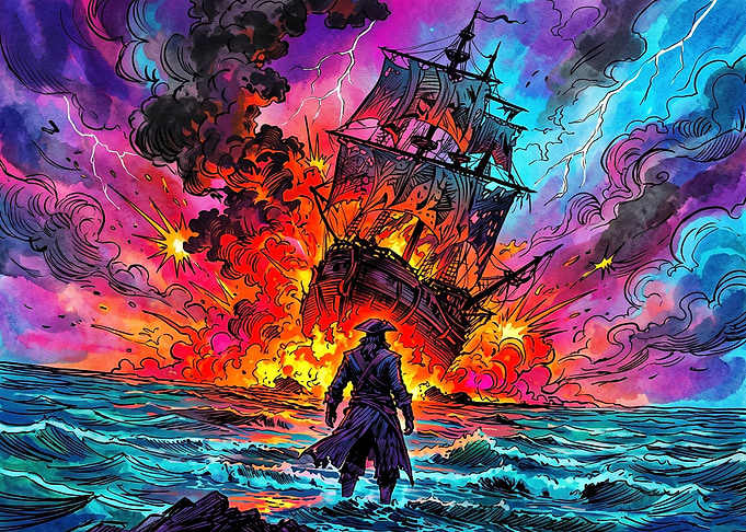 Pirate Captain Watching Ship Explode