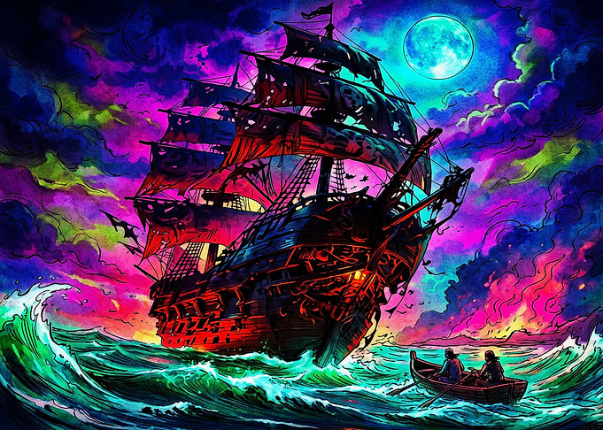 Psychedelic Pirate Ship at Night