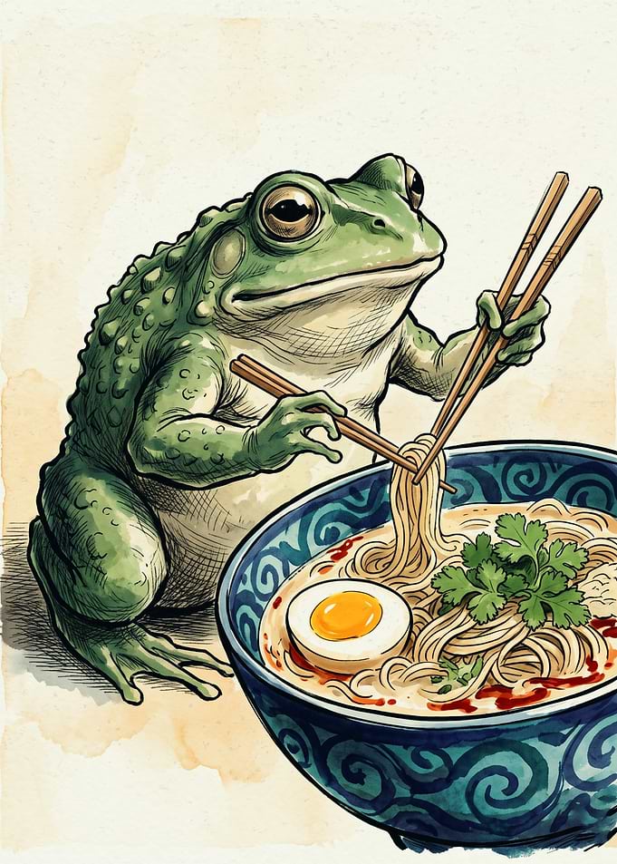 Frog Ramen Japanese Vintage Watercolor Art Toad Eating Noodles Cute Animal Poster