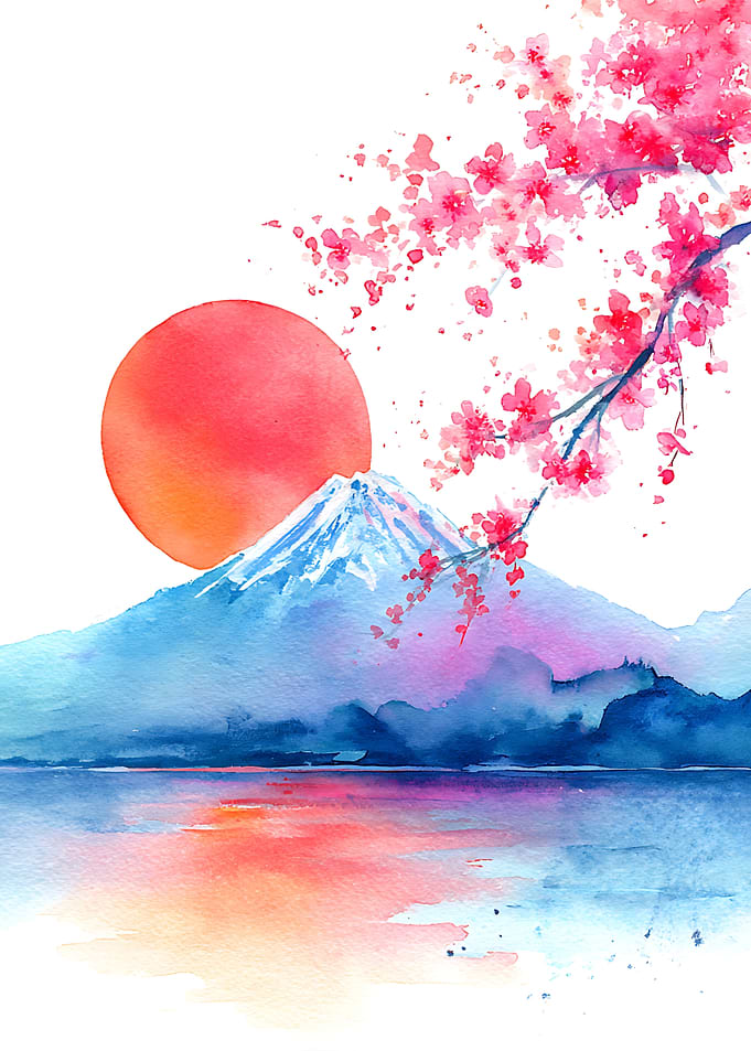 Watercolor Mount Fuji and Cherry Blossoms