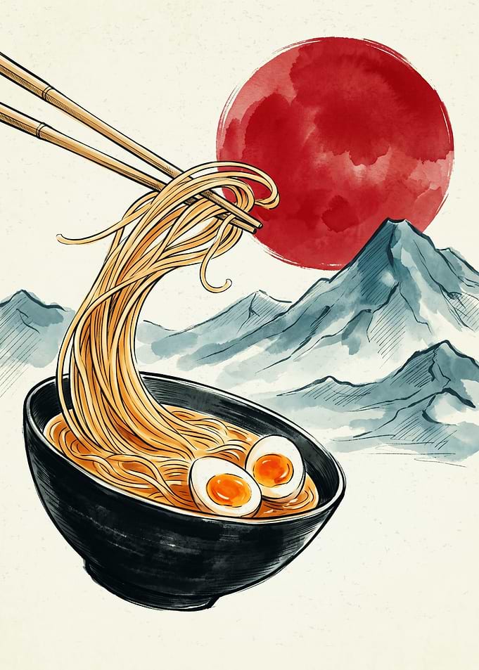 Ramen Bowl Japanese Watercolor Art Red Sun Mountain Chopsticks Noodle Food Poster