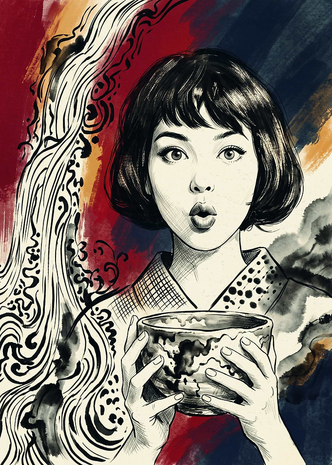 Japanese Girl Tea Drinker Ink Sketch Art Abstract Calligraphy Pattern Vintage Poster