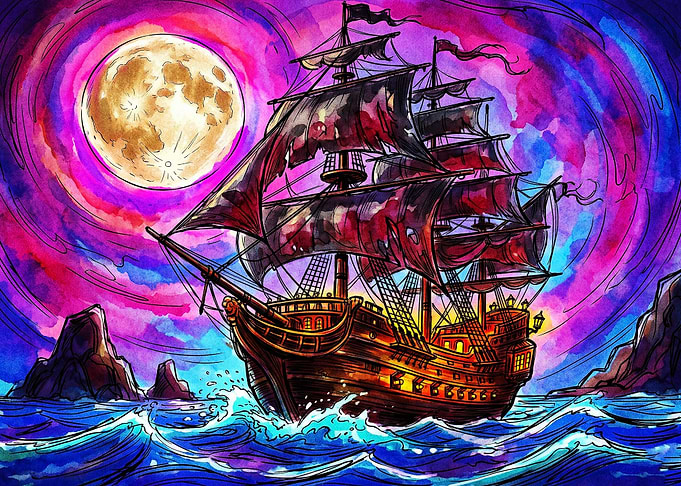 Ghost Ship Under Full Moon