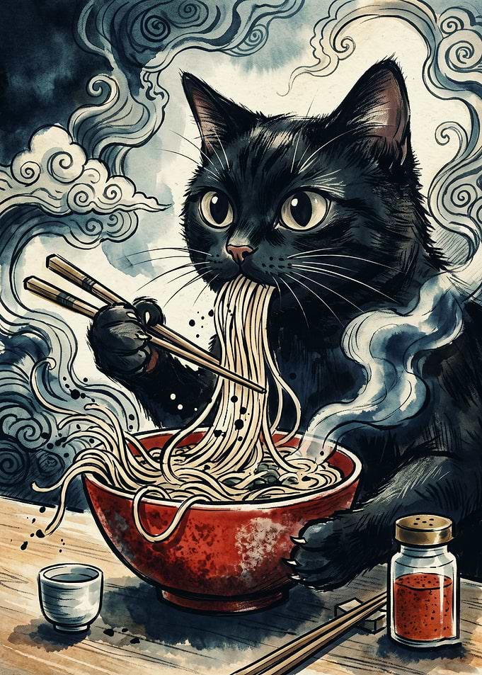 Black Cat Eating Ramen Noodles Japanese Watercolor Art Cute Animal Noodle Bowl Poster