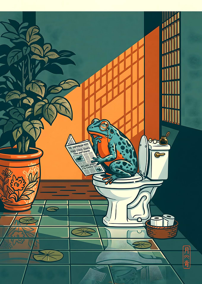 Sophisticated Frog Reading on Toilet