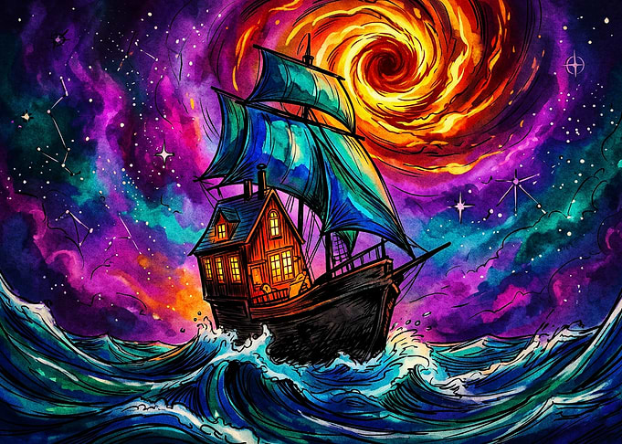 House Ship Sailing Cosmic Sea