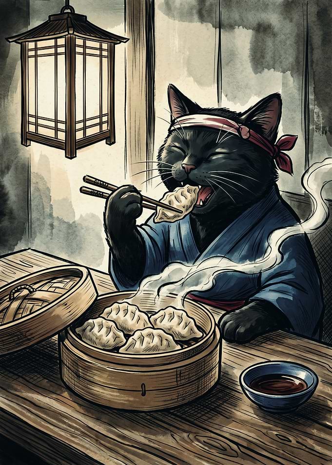 Black Cat Eating Dumpling Japanese Watercolor Art Asian Food Restaurant Wall Decor Poster