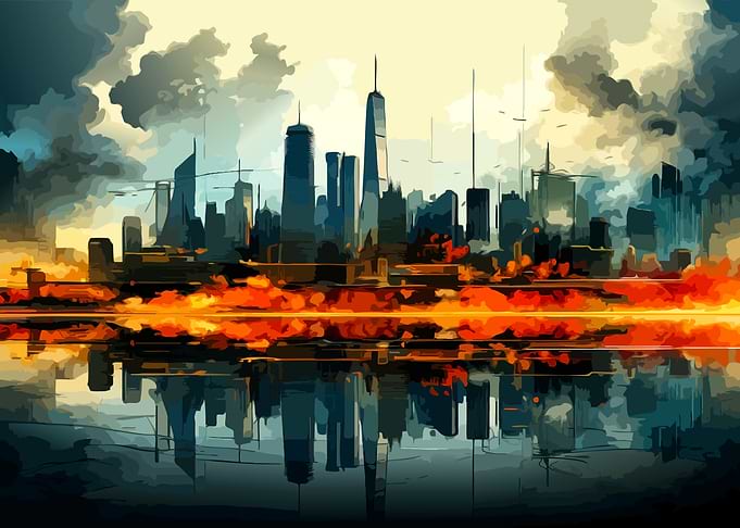 Fiery City Skyline Reflection