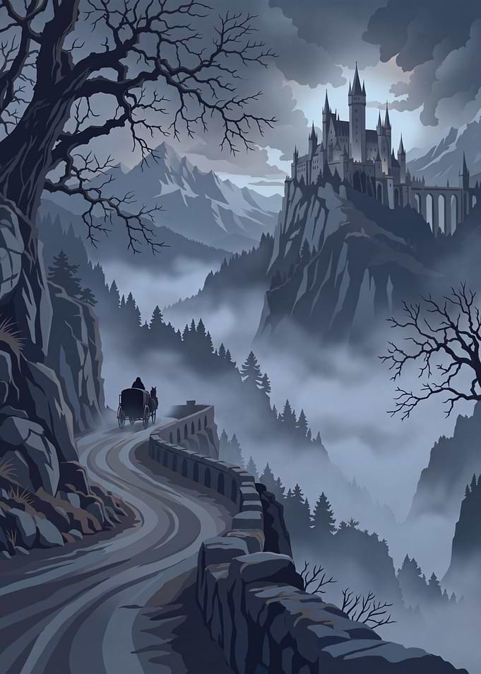 Gothic Castle in Misty Mountains with Carriage
