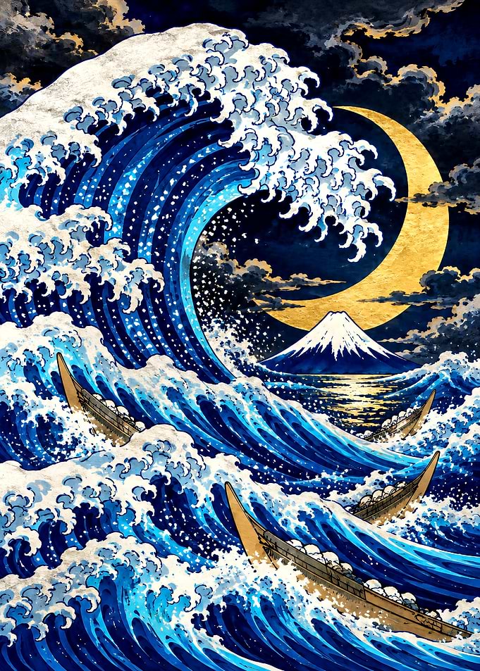 Great Wave and Mount Fuji Night