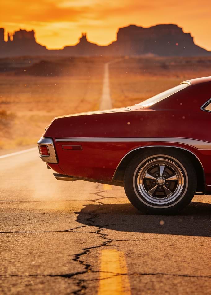 Classic Red Muscle Car at Sunset