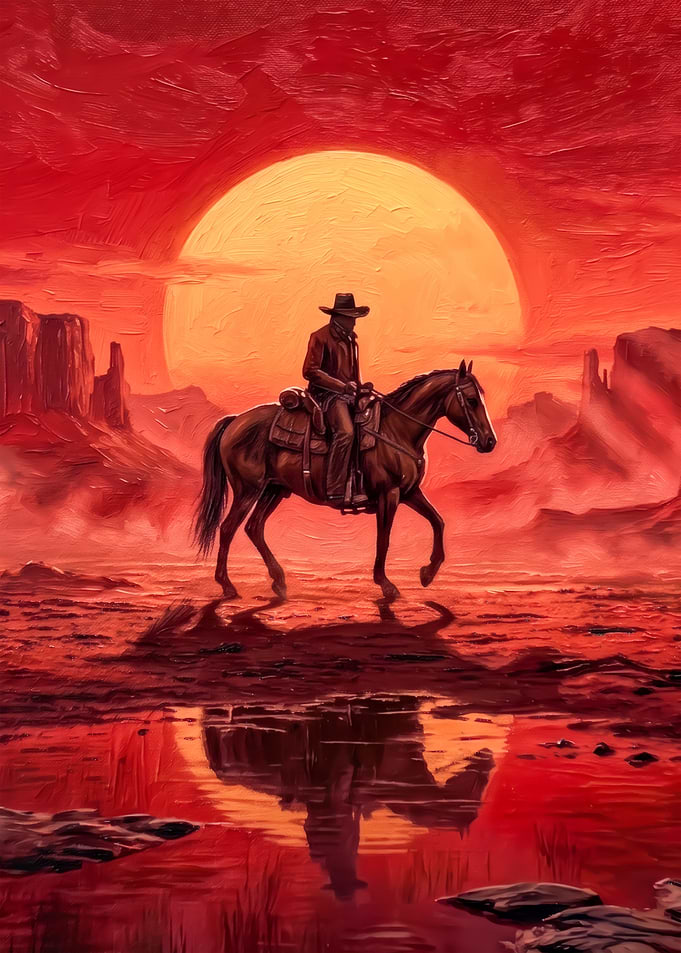 Cowboy Riding Horse at Sunset