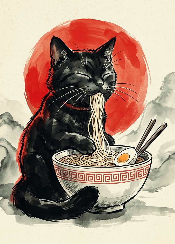 Black Cat Eating Ramen Japanese Watercolor Art Red Sun Asian Food Noodle Lover Poster