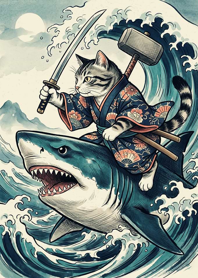 Samurai Cat Shark Ukiyo E Art Japanese Wave Print Warrior Animal Aesthetic Wall Decor