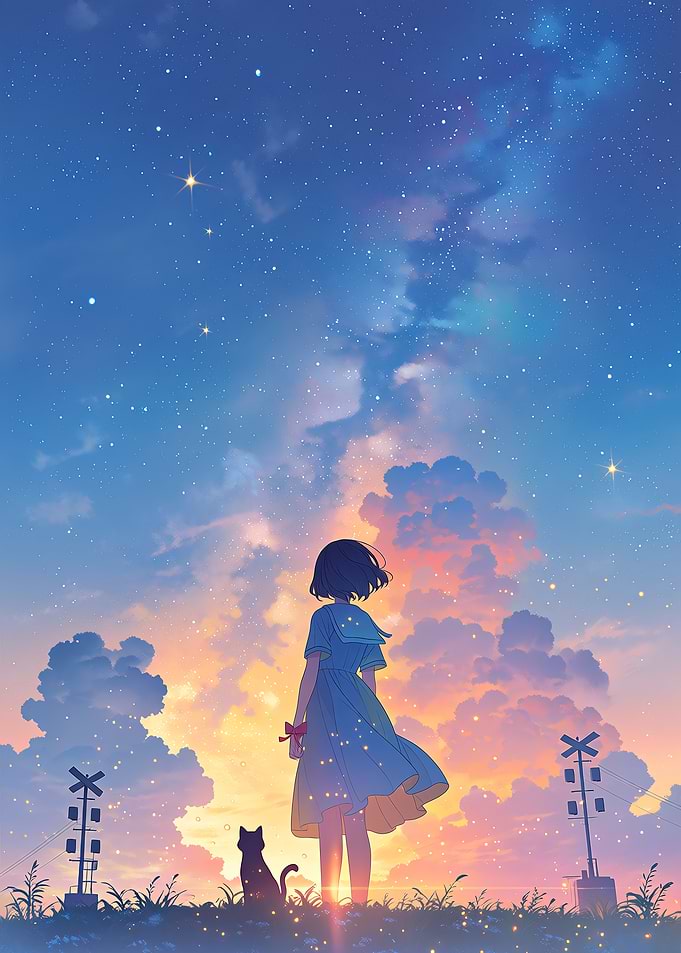 Girl and Cat Under Starry Sky