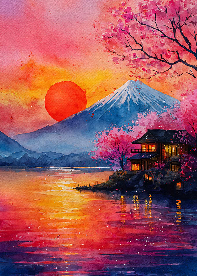 Mount Fuji Sunset with Cherry Blossoms