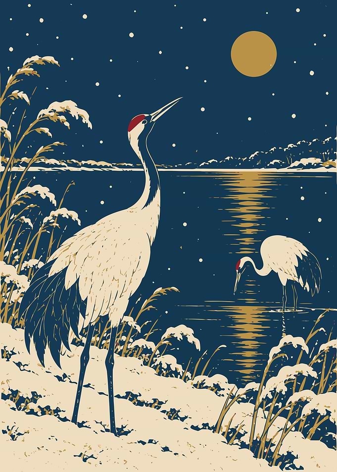 Red-Crowned Cranes in Winter Night