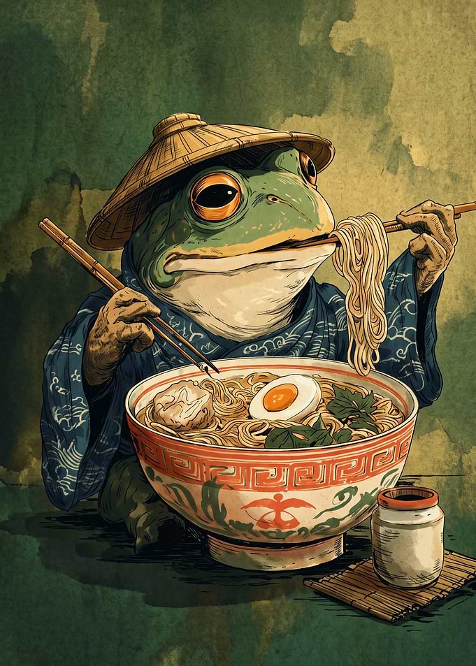 Frog Eating Ramen Vintage Japanese Art Print Ukiyo E Asian Food Lover Poster