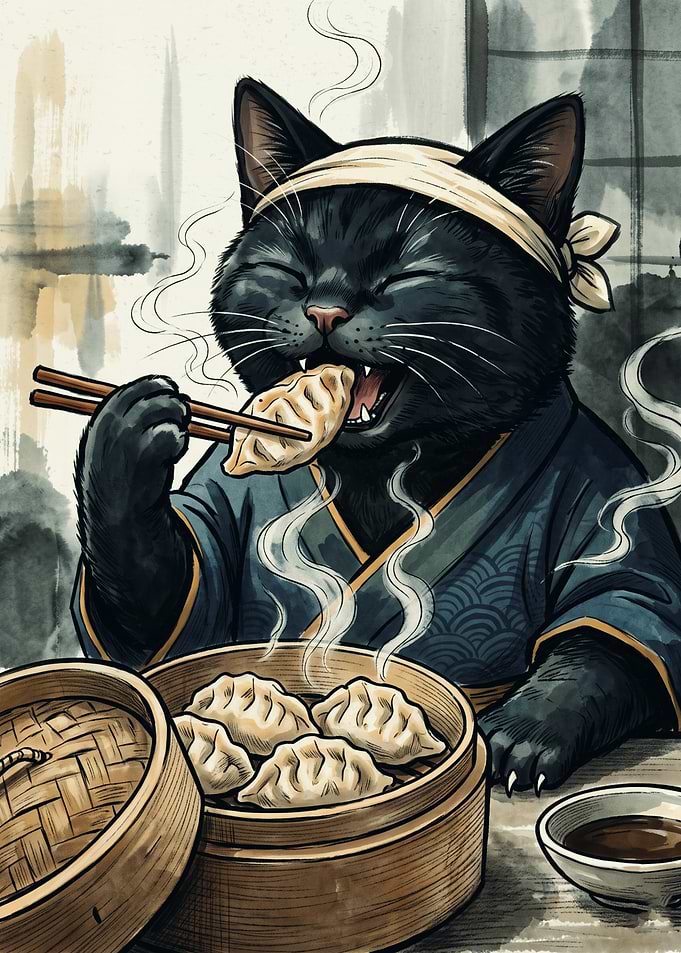 Black Cat Dumpling Eating Asian Food Japanese Ink Painting Style Funny Animal Art Poster