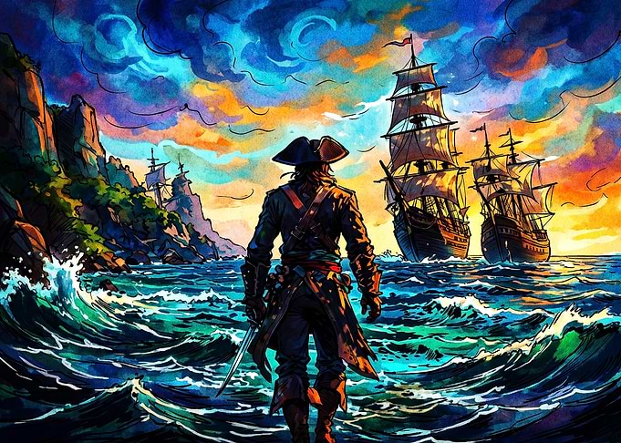 Pirate Captain Facing Tall Ships