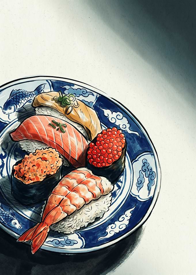 Sushi Roll Japanese Food Hand Drawn Art Print Blue Porcelain Plate Culinary Wall Decor