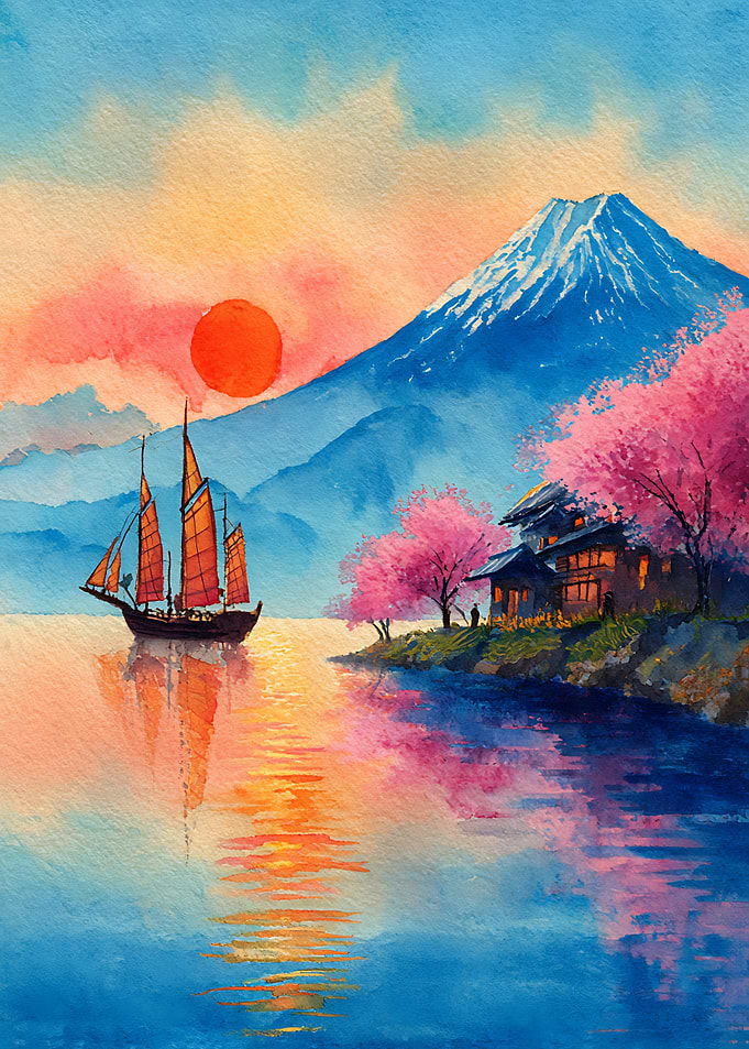 Watercolor Mount Fuji Sunset Landscape