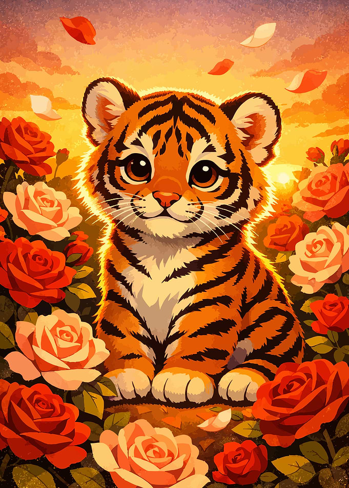 Cute Tiger Cub Among Roses