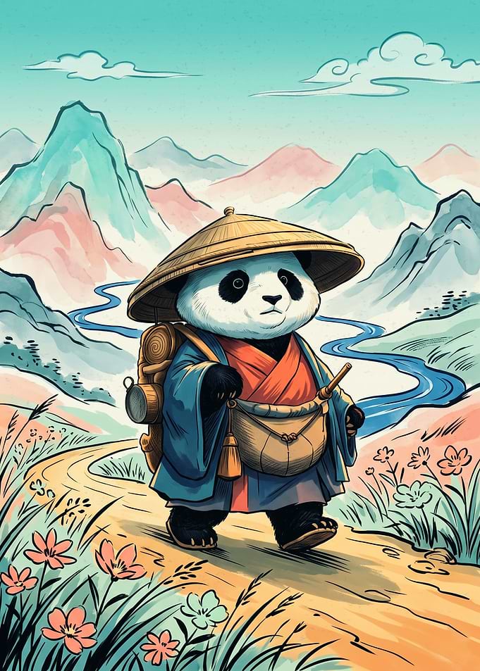 Samurai Panda Japanese Watercolor Art Asian Mountain Landscape Travel Adventure Poster