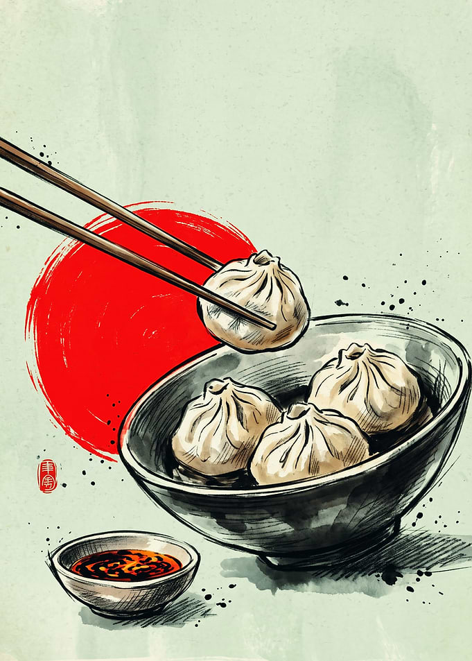 Dumpling Soup Bowl Asian Food Japanese Ink Painting Style Red Sun Wall Art Poster