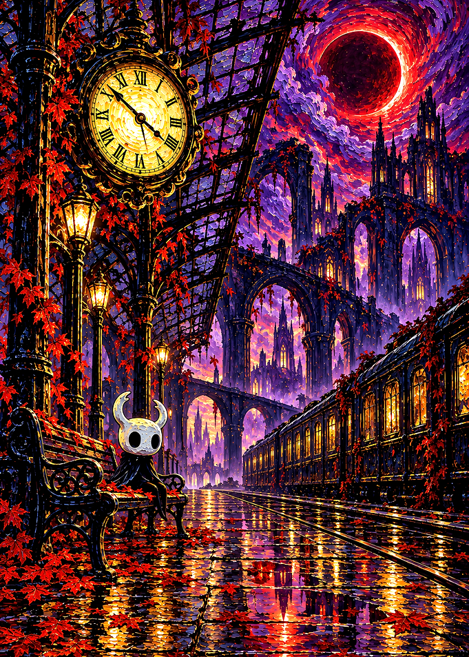 Hollow Knight at a Gothic Station