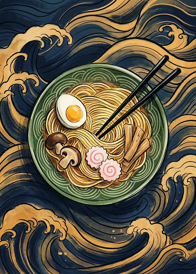 Ramen Bowl Japanese Wave Art Print Ukiyo E Style Noodles Food Lover Kitchen Wall Poster