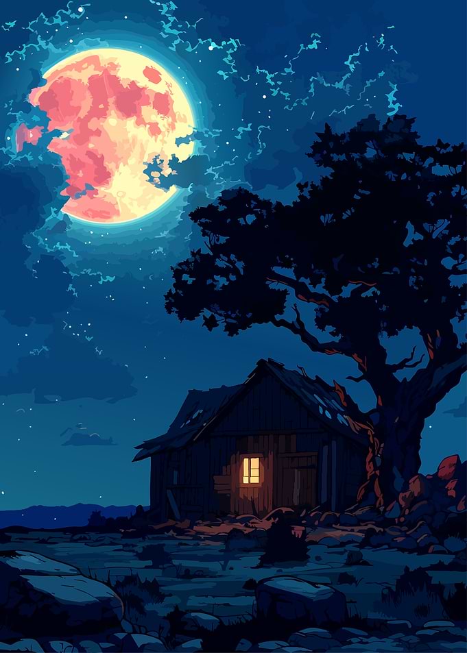 Lonely Cabin Under Full Moon