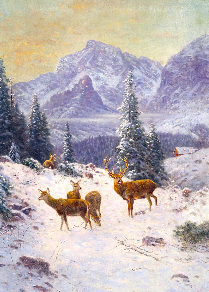 Deer Family in a Winter Landscape Painting by Ludwig Skell