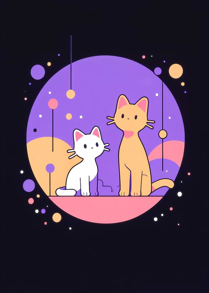 Two Cute Cats in Purple Circle