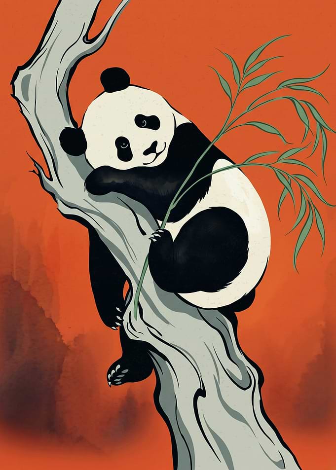 Panda Tree Minimalist Art Print Cute Animal Poster Orange Background Bamboo Branch