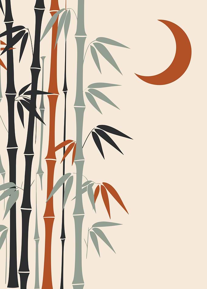 Bamboo Grove at Crescent Moon — Japandi Minimalist Japanese Wall Art