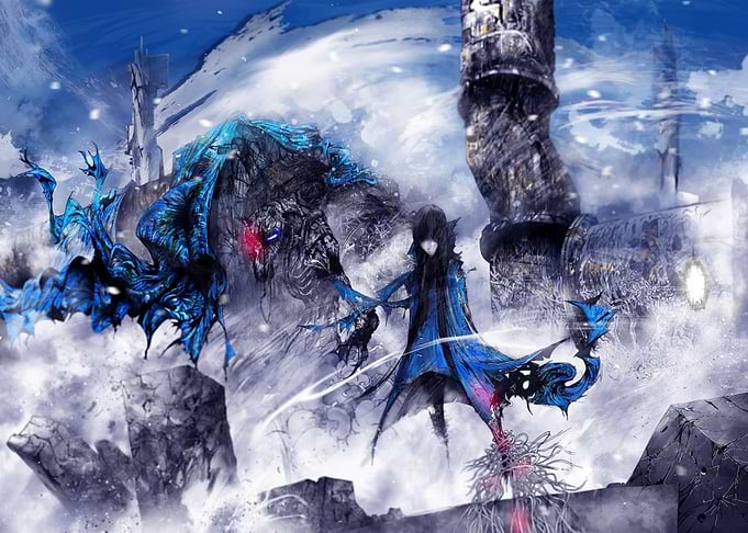 Anime Warrior with Blue Energy Beast