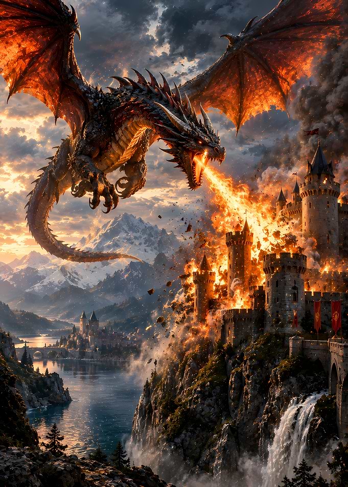 Dragon Attacking a Medieval Castle