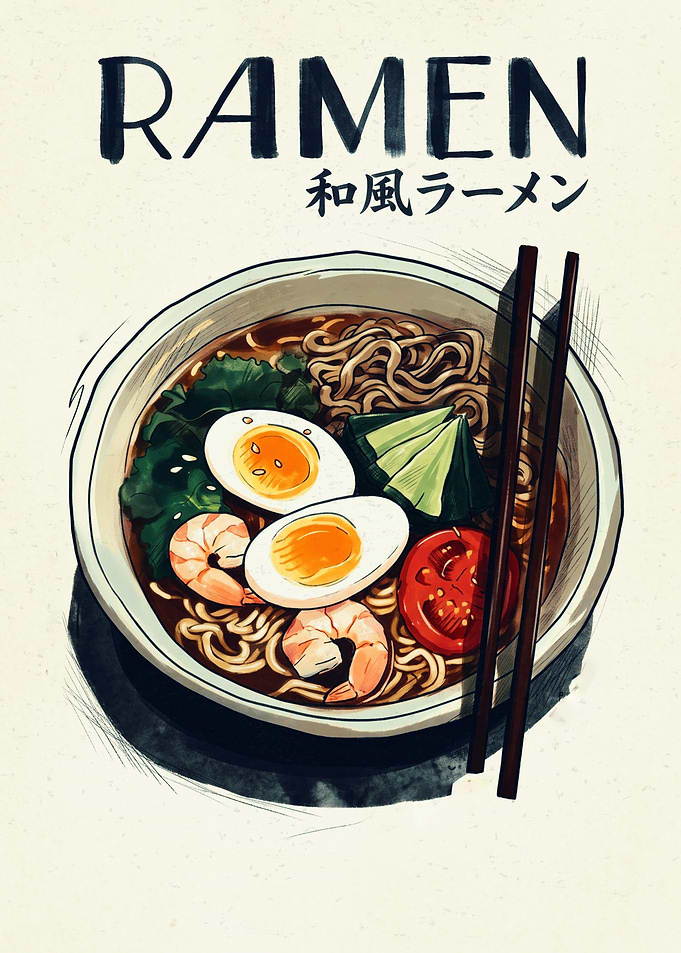 Japanese Ramen Bowl Art Print Poster Chopsticks Soft Boiled Egg Noodle Food Illustration