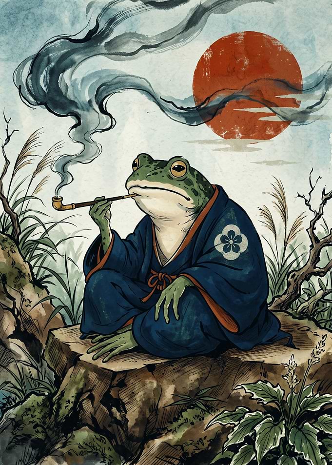 Samurai Frog Kimono Ukiyo E Art Print Japanese Red Sun Smoking Pipe Vintage Poster