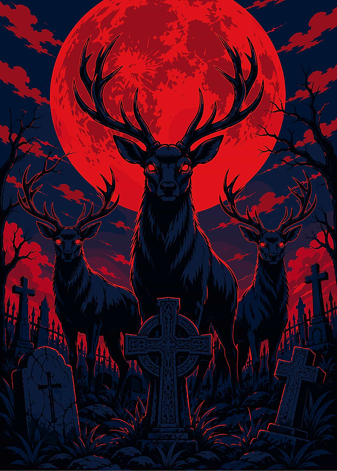 Three Dark Stags in Graveyard