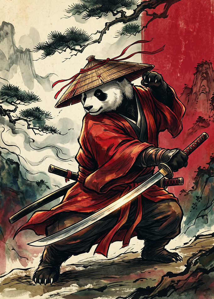 Samurai Panda Japanese Ukiyo E Art Print Red Sun Pine Tree Warrior Animal Wall Poster