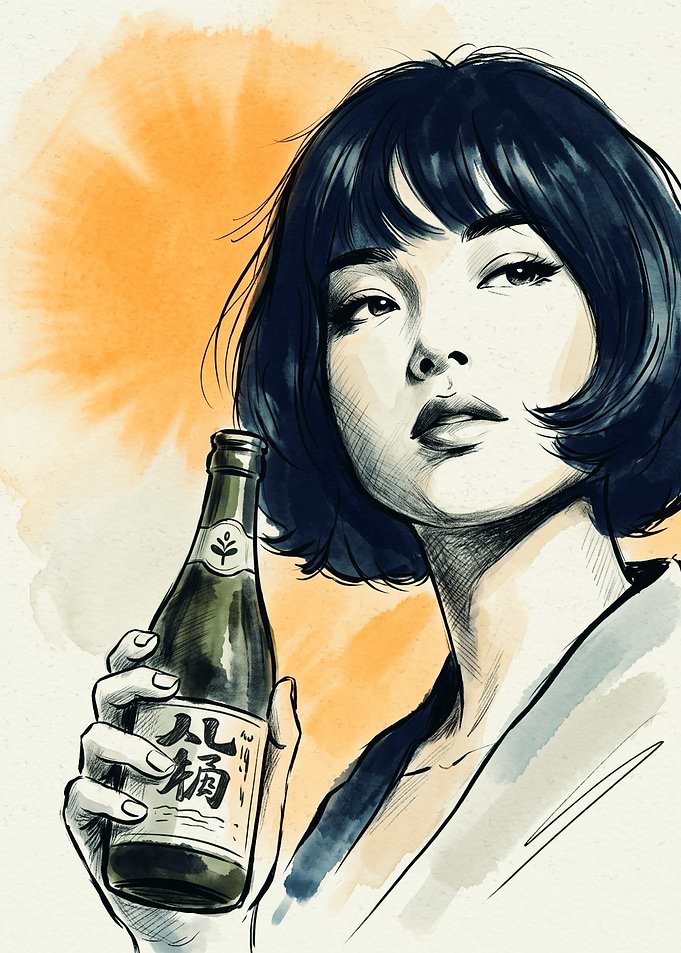 Asian Girl Beer Bottle Ink Sketch Watercolor Art Japanese Vintage Drinker Poster